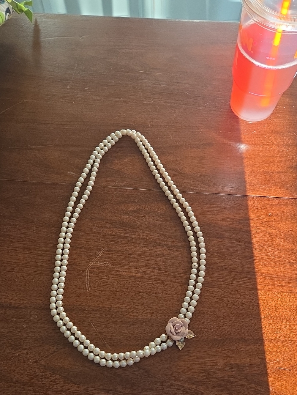 Classic Double-Strand Faux Pearl Necklace with Pink Rose Accent